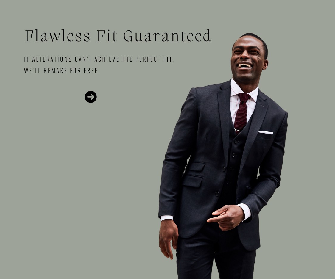 Man in a tailored black three-piece suit with the text 'Flawless Fit Guaranteed' and a promise to remake if alterations can't achieve the perfect fit.