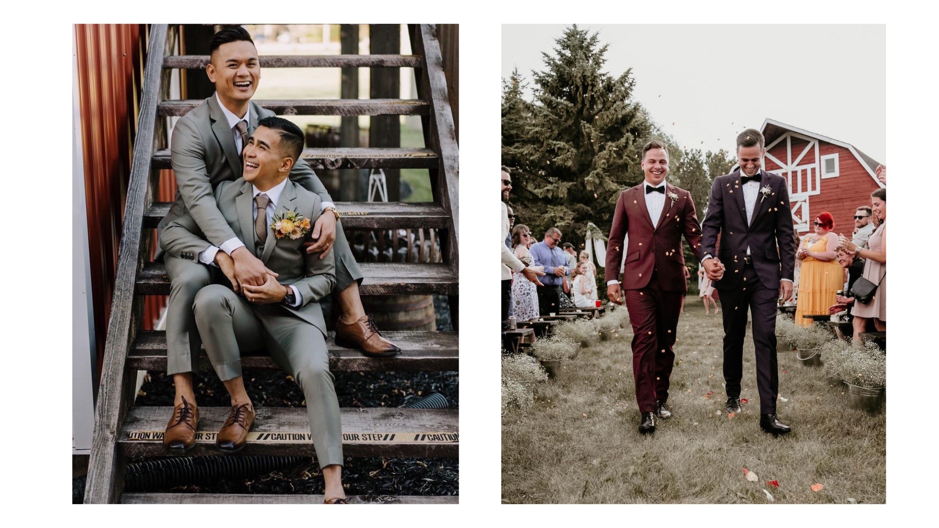 Two same-sex couples wearing custom suits from Eph Apparel at their weddings.