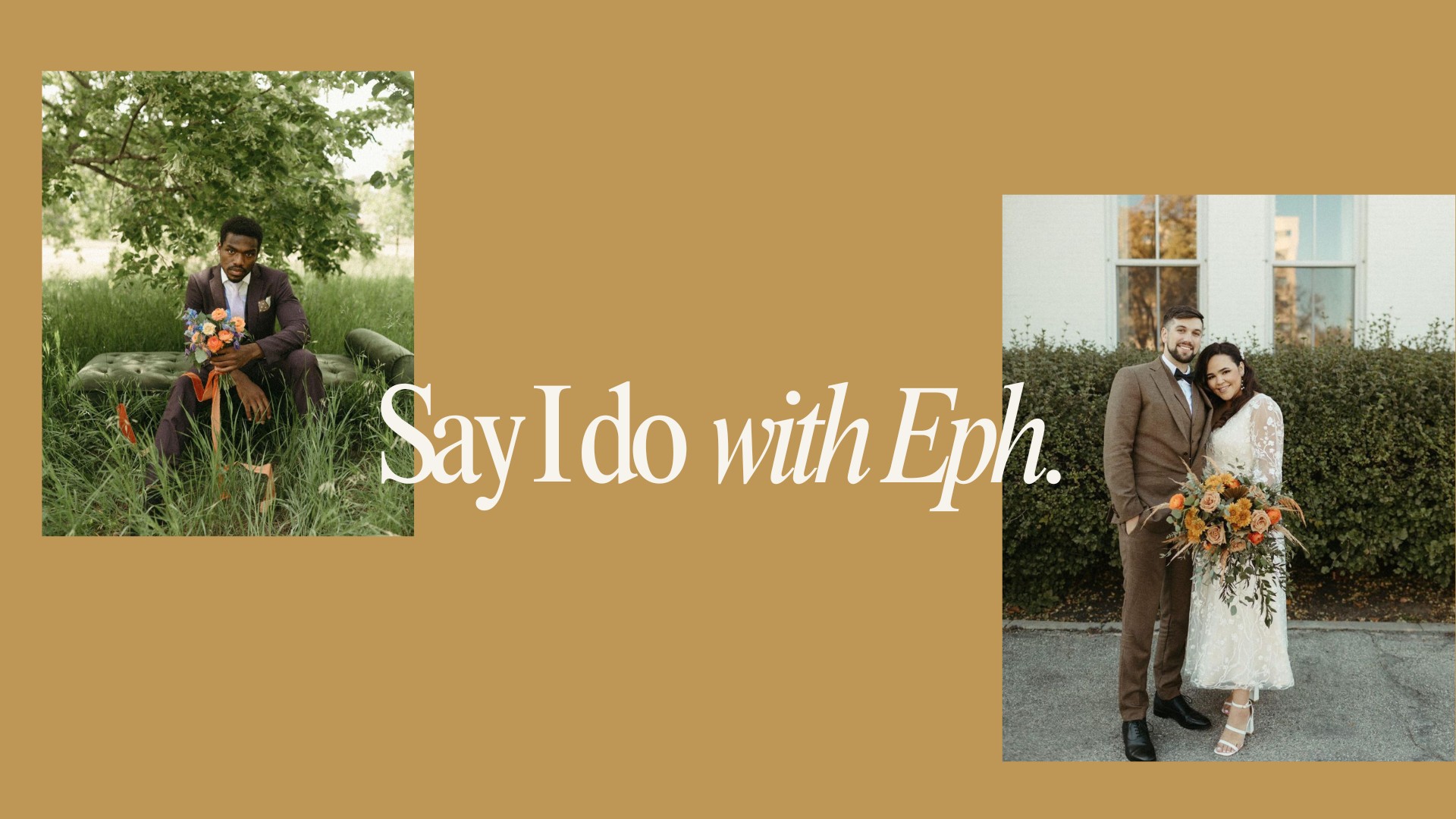 Bride and groom standing outdoors, with the groom in a brown suit and the bride in a lace wedding dress, holding a bouquet of fall flowers.