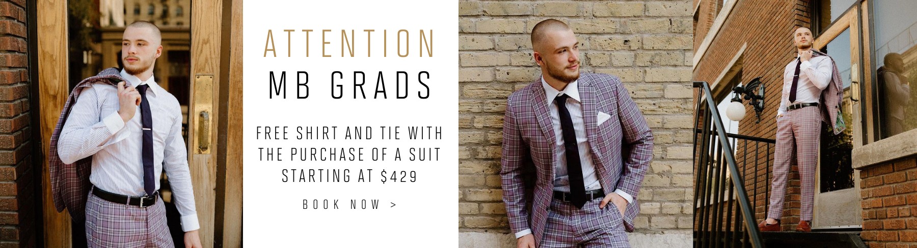 A promotion featuring a Manitoba graduate in a custom plaid suit styled by Eph Apparel. The text highlights a special offer: 