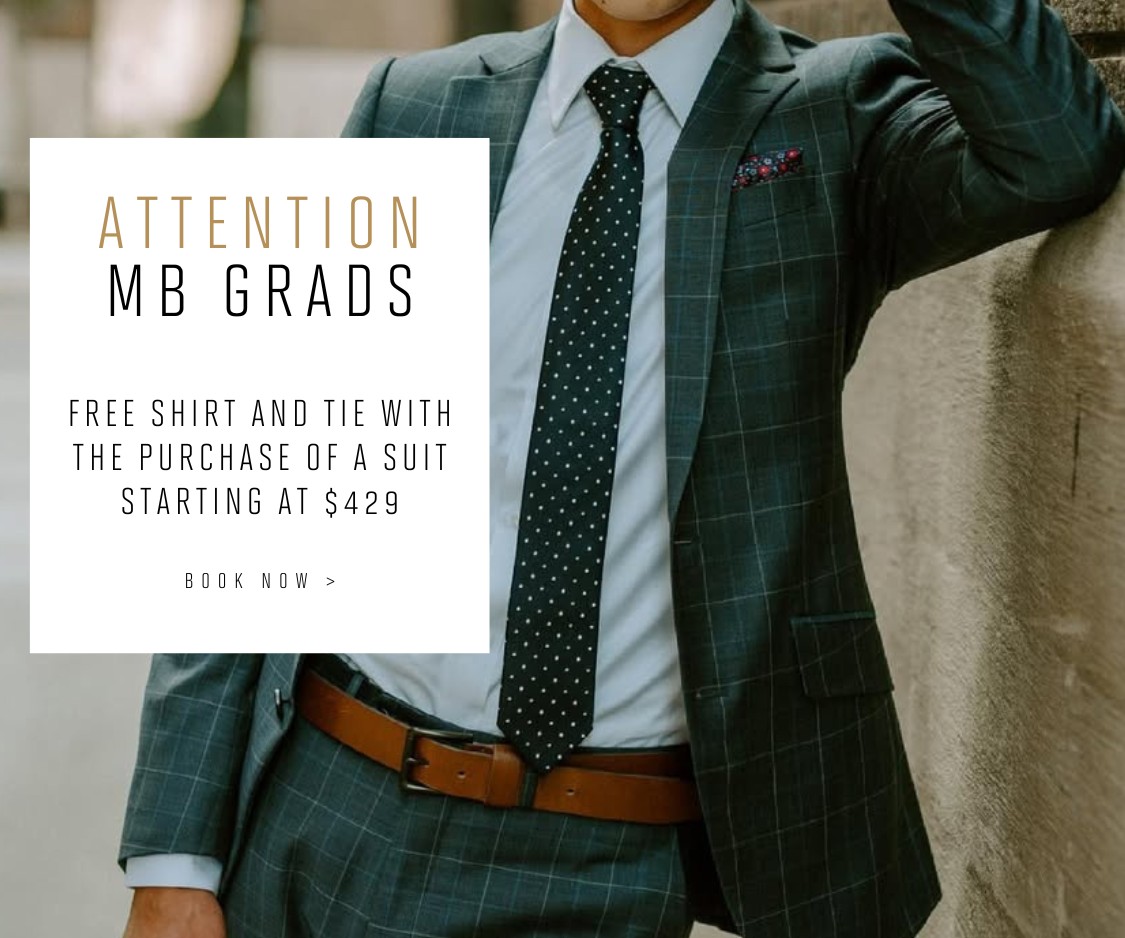 A promotional image featuring a Manitoba graduate in a custom green plaid suit styled by Eph Apparel. The text highlights a special offer: 